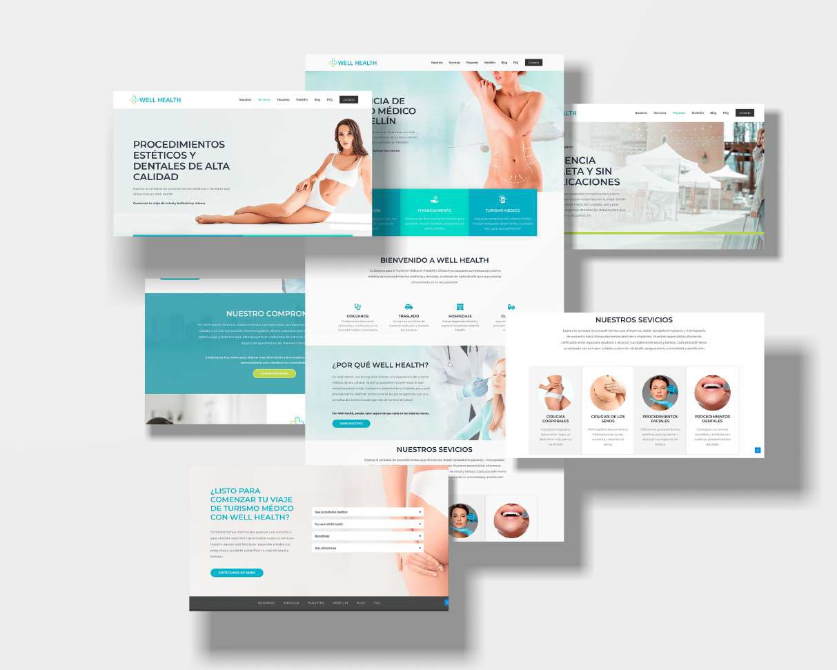 imágenes que ilustran servicios de branding, marketing digital, gestión de redes sociales, desarrollo de sitios web y fotografía profesional.